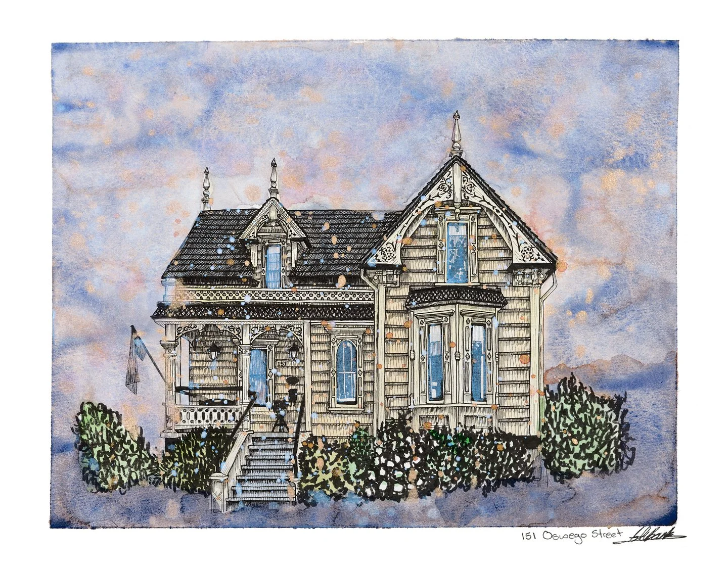 1551  Oswego.
Ink and watercolour on paper 14"x11" 
2024