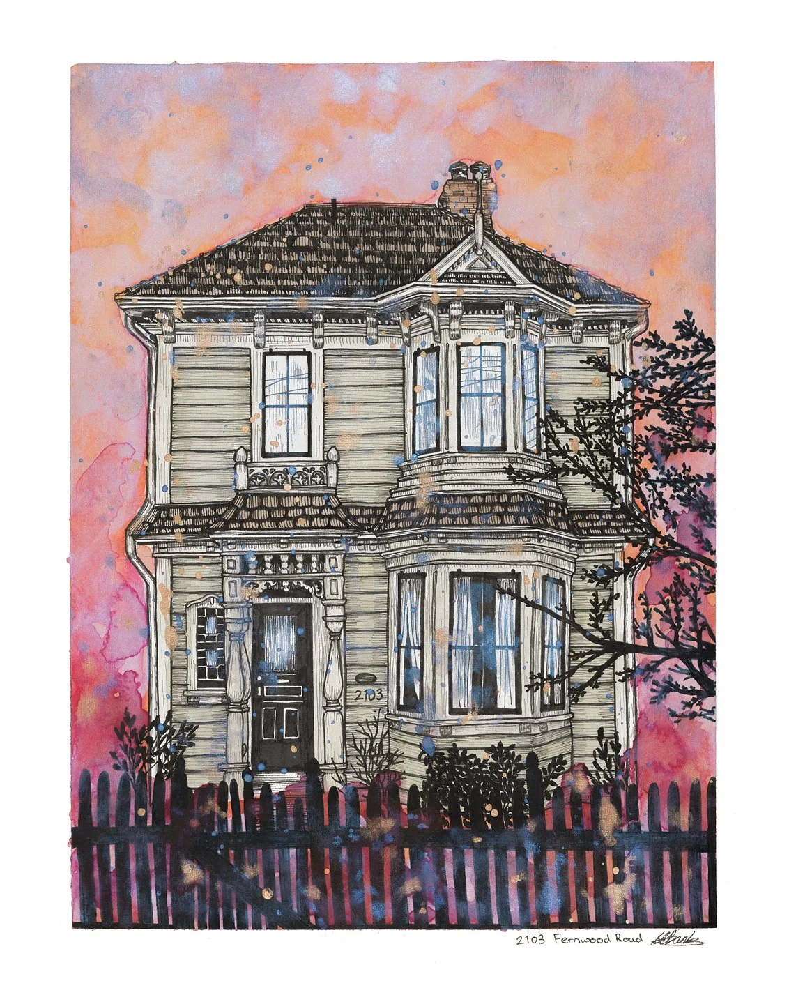 2103 Fernwood Road.
Ink and watercolour on paper 14"x11" 
2023