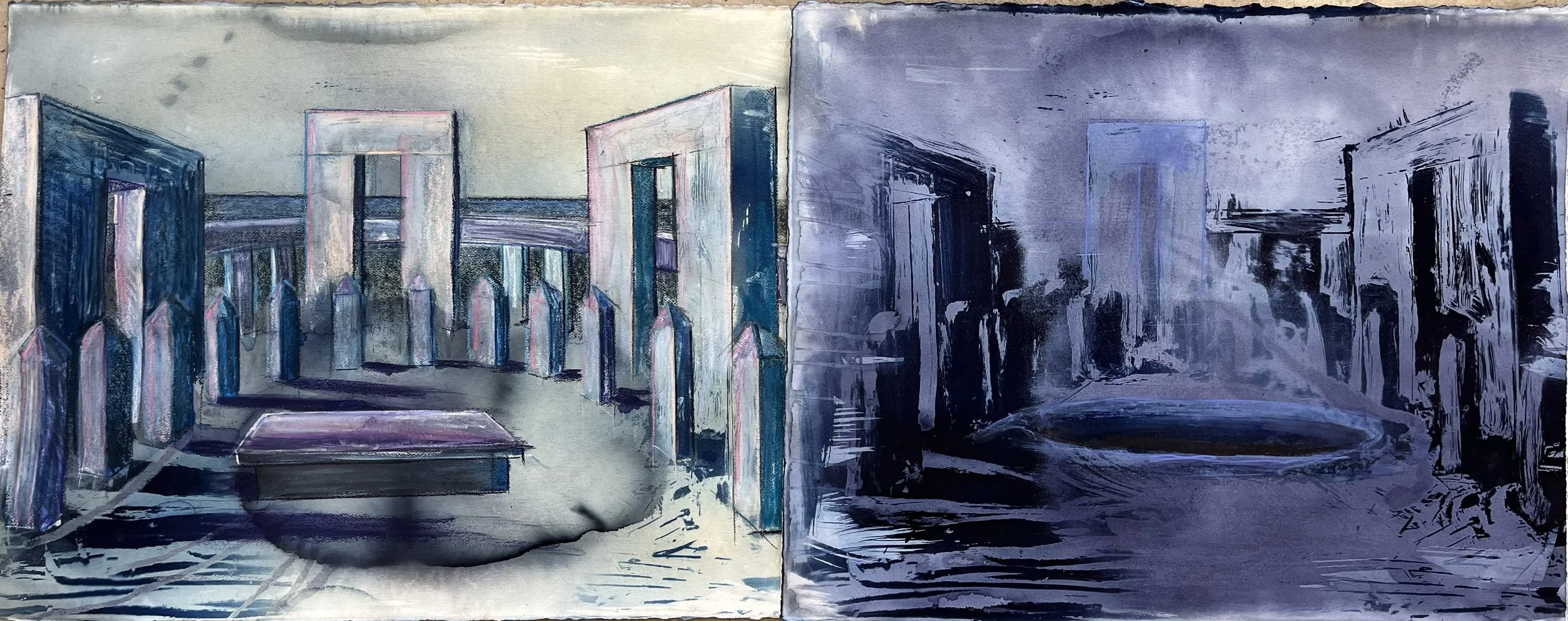 Stonehenge Install view , 2025  Cyanotypes with hand drawn elements  22” x 60”