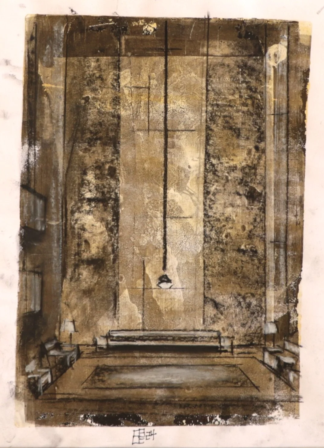   Living Room ,&nbsp;2023 14” x 9” Gel Print with Conté and Pastel 