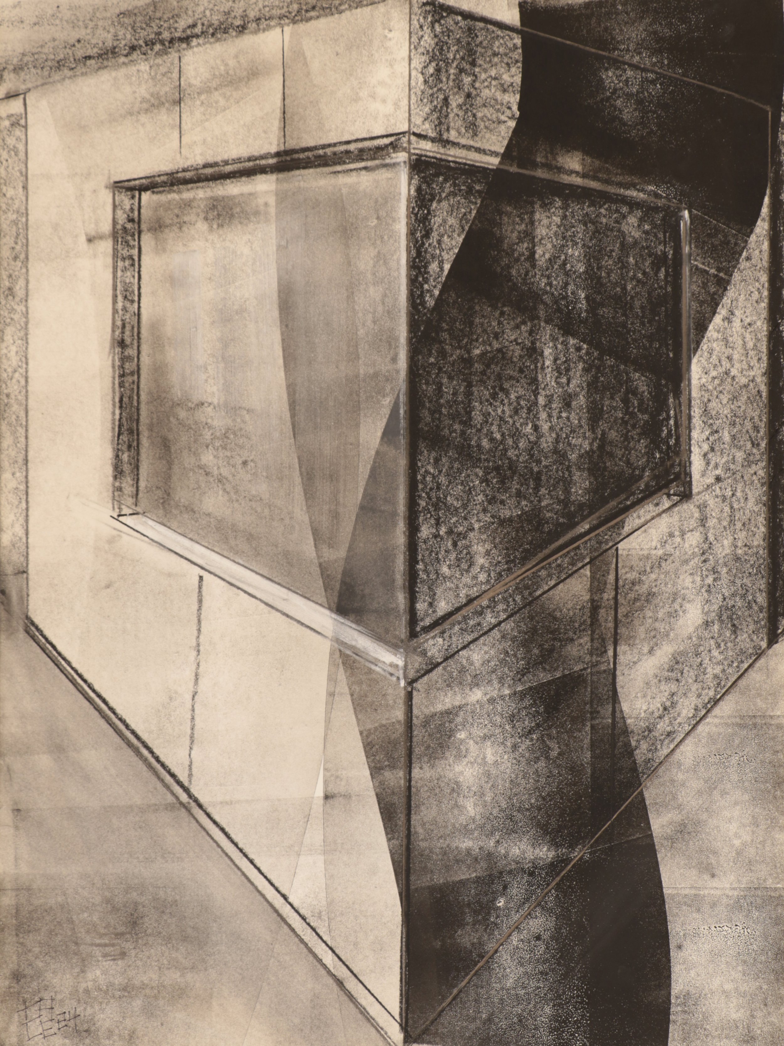   Corner (Okinawa) , 2023 24” x 18” Relief Ink Print with Conté and Chalk 