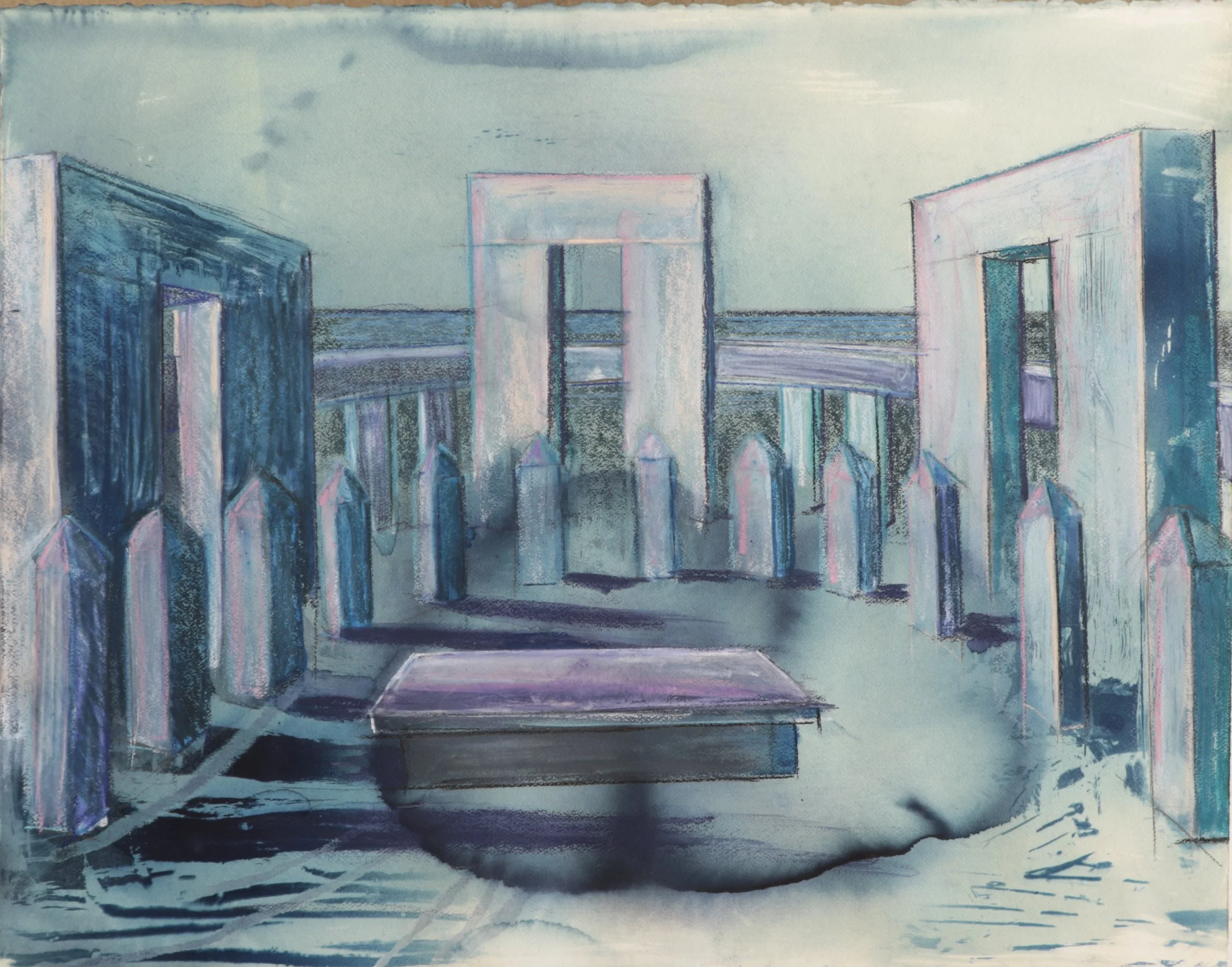   Stonehenge II , 2025 22” x 28” Cyanotype Print with Conté and Pastel 