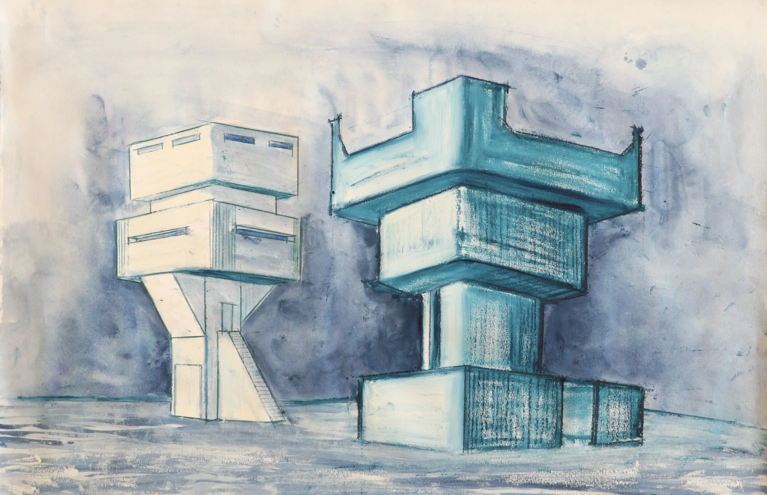   Twin Towers , 2025 23” x 34 ½” Watercolor with Pastel 