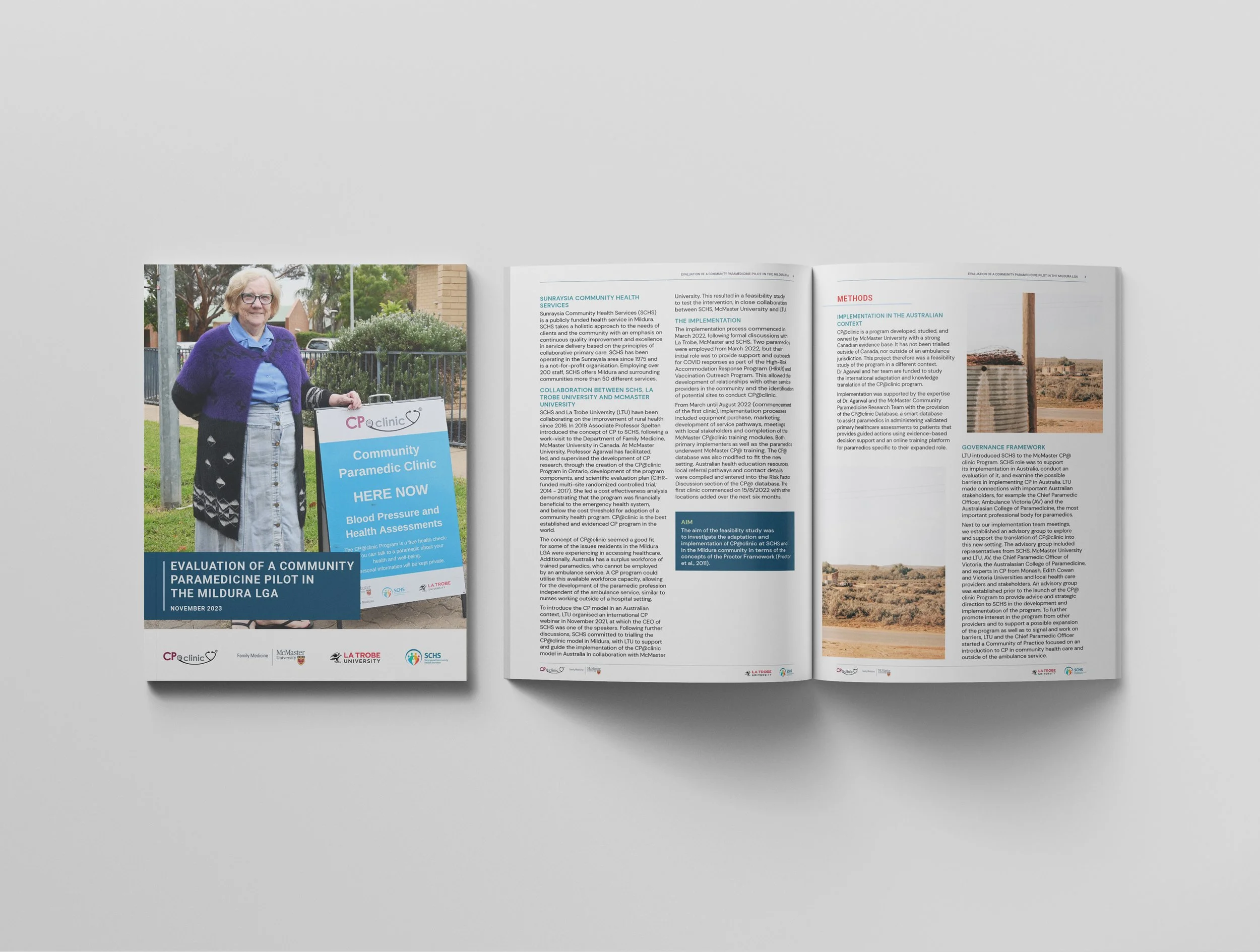 Open magazine showing a report on a community paramedicine pilot in the Mildura Local Government Area, with a cover page featuring a woman in a purple cardigan and glasses standing outdoors, holding a sign that reads "Community Paramedic Clinic HERE 