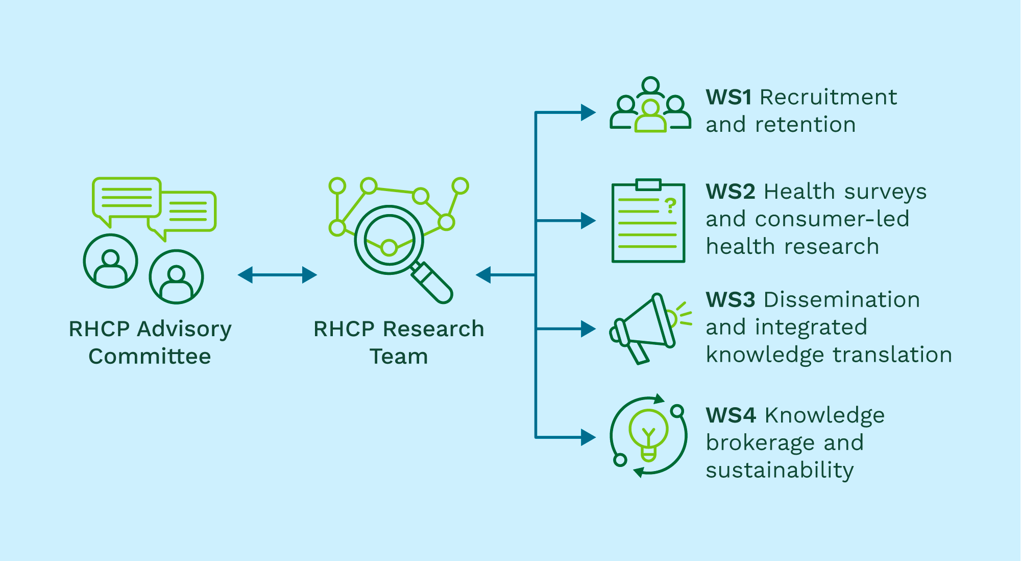 Flowchart showing the process of a research team working with an advisory committee and disseminating health research. The chart includes four work streams: WS1 Recruitment and retention, WS2 Health surveys and consumer-led research, WS3 Disseminatio