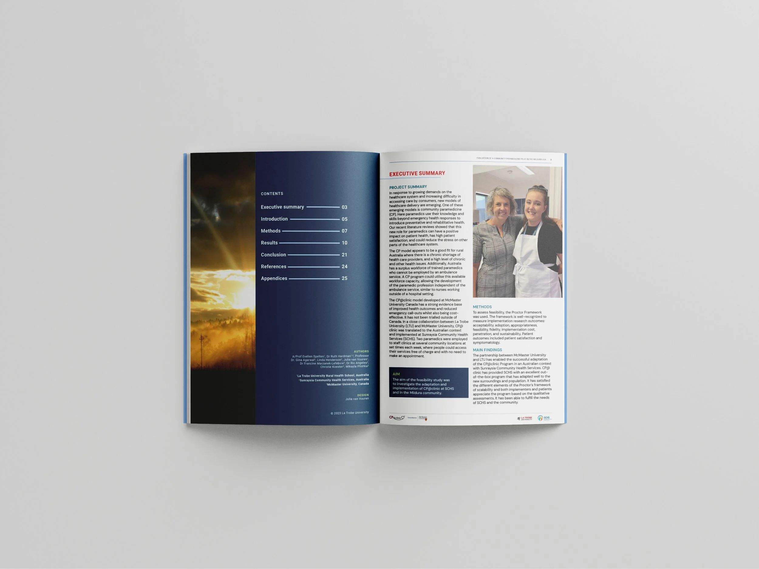 Open magazine on a gray surface, showing a table of contents on the left page and a research article with a photo on the right page.