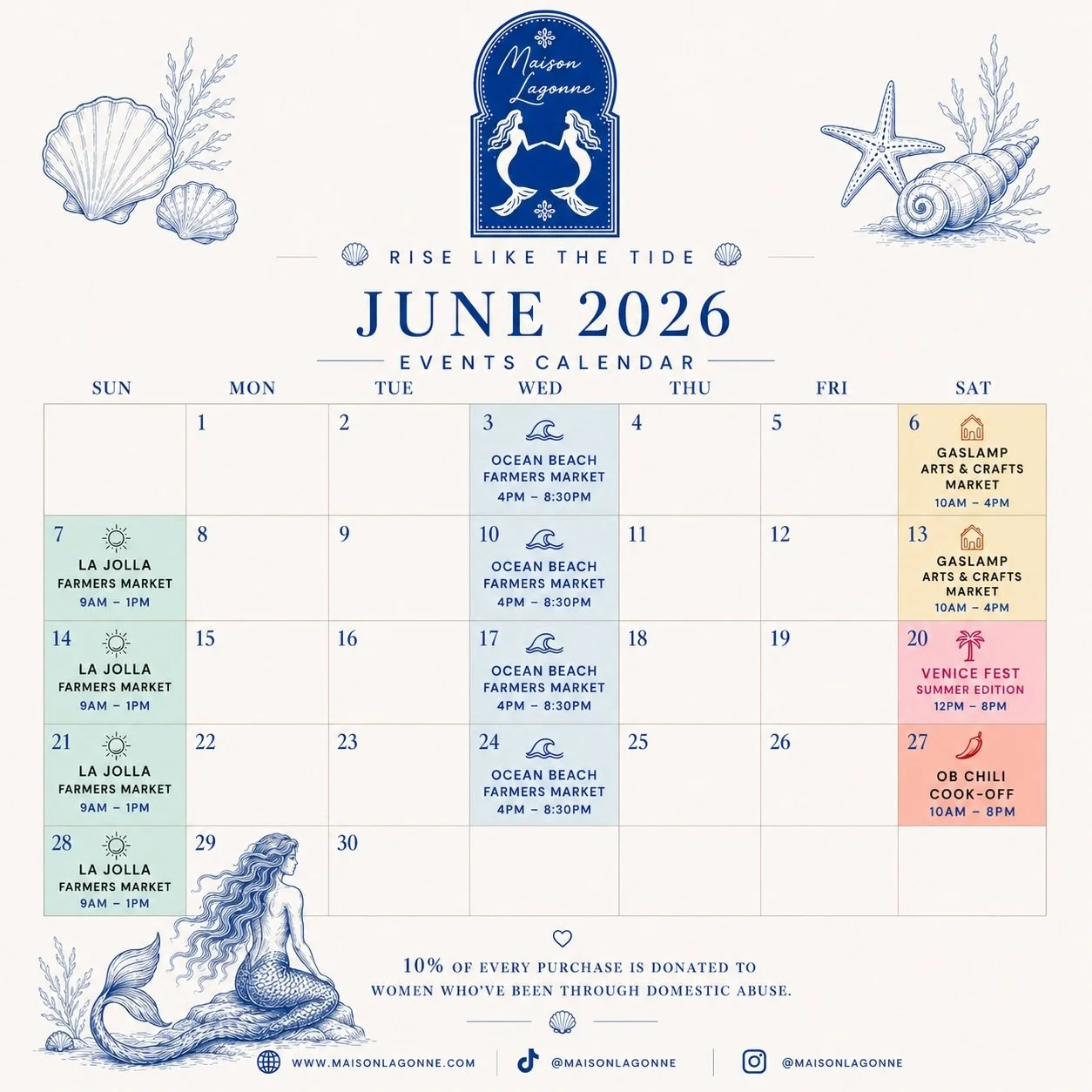 June is packed with beautiful markets, ocean air, and all your Maison Lagonne favorites.

🐚 Wednesdays &mdash; Ocean Beach Farmers Market, 4-8:30pm
☀️ Sundays &mdash; La Jolla Farmers Market, 9am-1pm
🦞June 6 &amp; 13 &mdash; Gaslamp Arts &amp; Craf