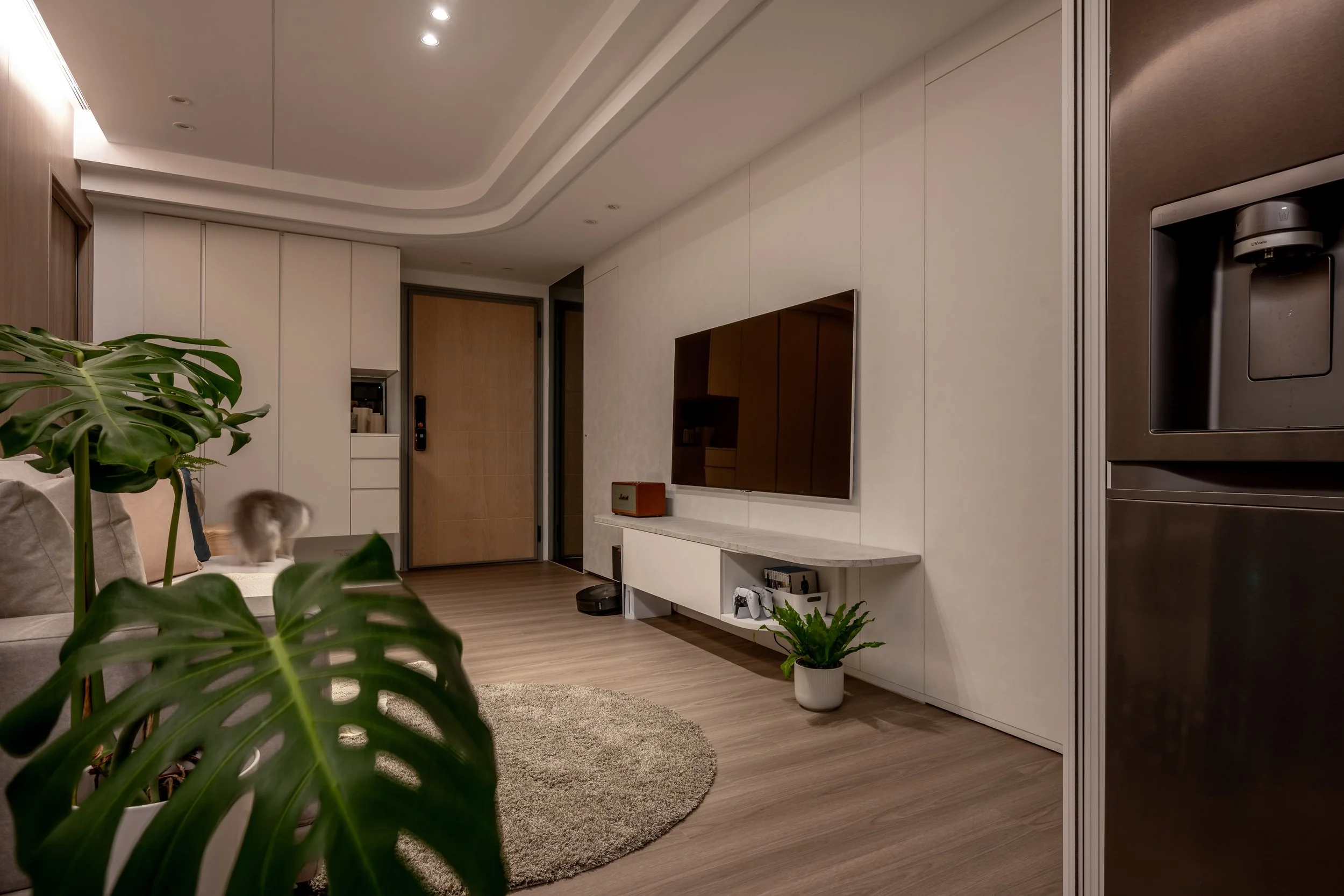 Modern living room with a white TV unit, a wall-mounted flat-screen TV, beige walls, wooden flooring, a circular beige rug, and houseplants. A partially visible sofa .