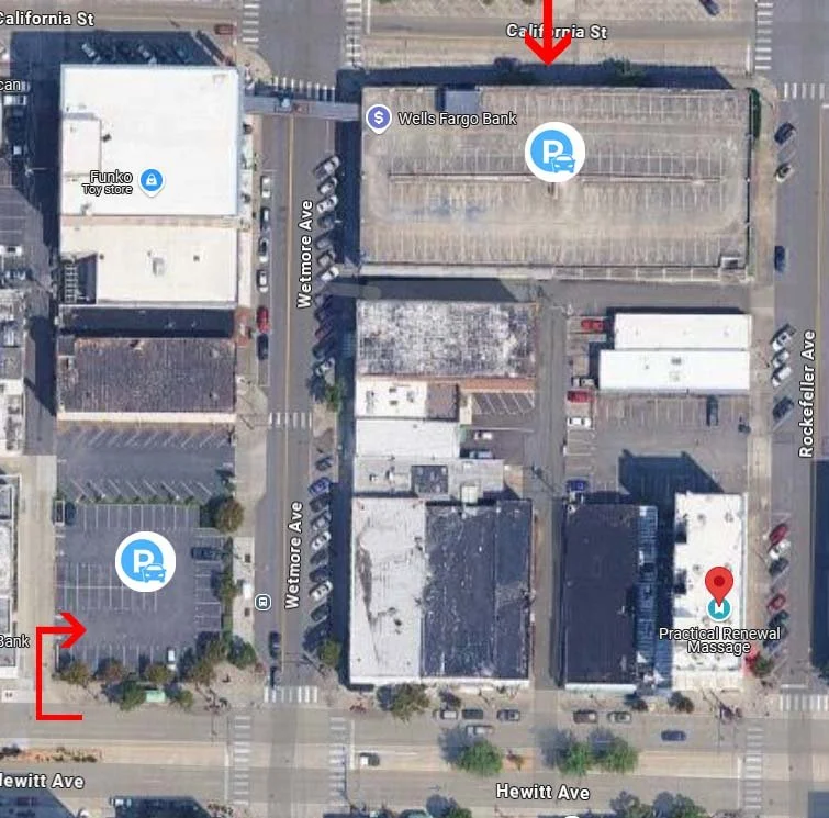 Aerial view of a small commercial area showing parking lots, streets, and buildings, including a Funko Toy Store, Wells Fargo Bank, Practical Renewal Massage, and parking areas on Wetmore Avenue, Rochelle Avenue, and Hewitt Avenue.