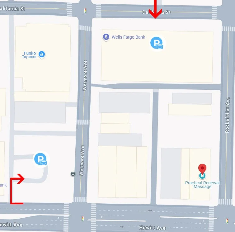 Map showing a parking lot at the intersection of California Street and Hewitt Avenue, with Wells Fargo Bank, Funko Toy Store, and Practical Renewal Massage nearby.