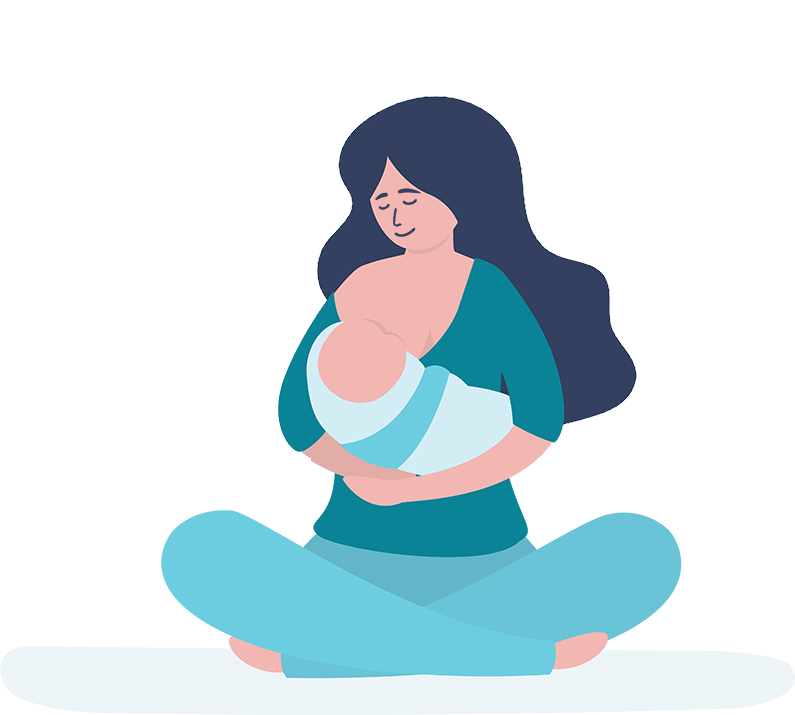 Illustration of a woman with long dark hair sitting cross-legged, holding a swaddled baby close to her chest and smiling gently.
