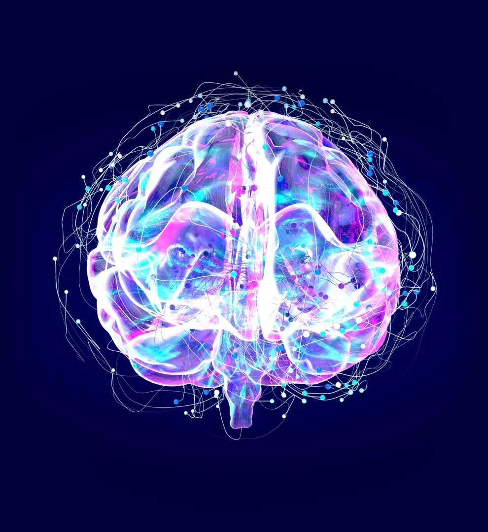Digital illustration of a human brain with colorful neural connections and circuitry, set against a dark background.