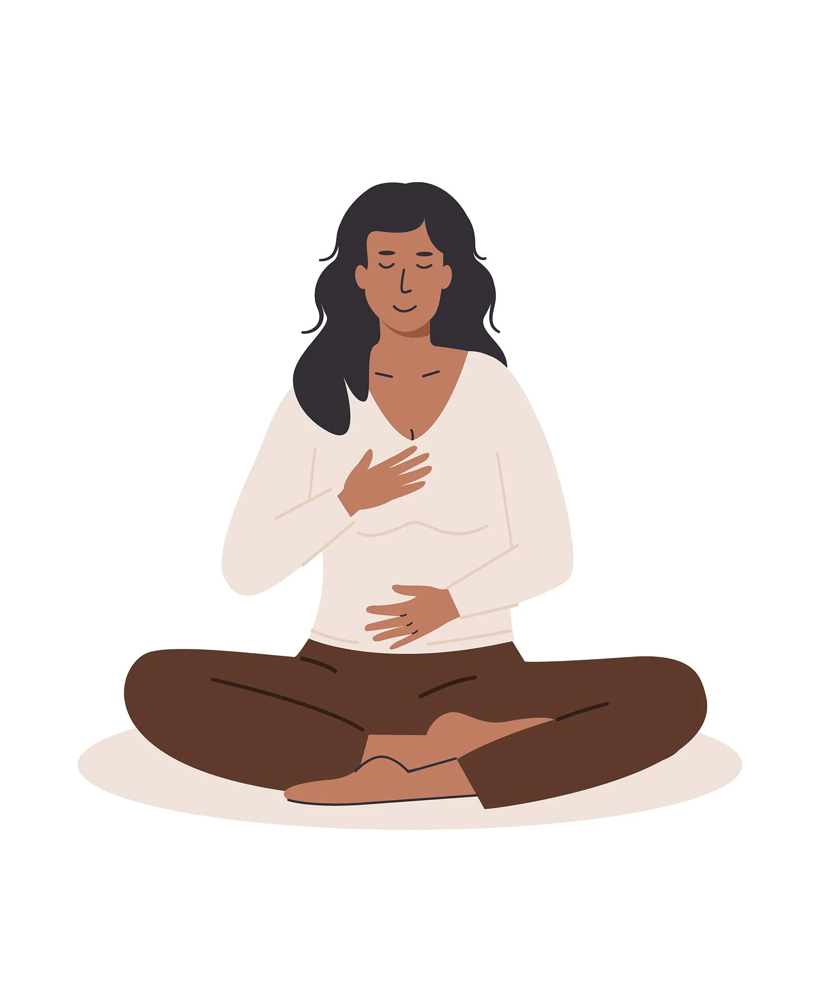 Illustration of a woman sitting cross-legged on the floor with her eyes closed, hand on her chest, and other hand on her stomach, appearing relaxed or meditating.