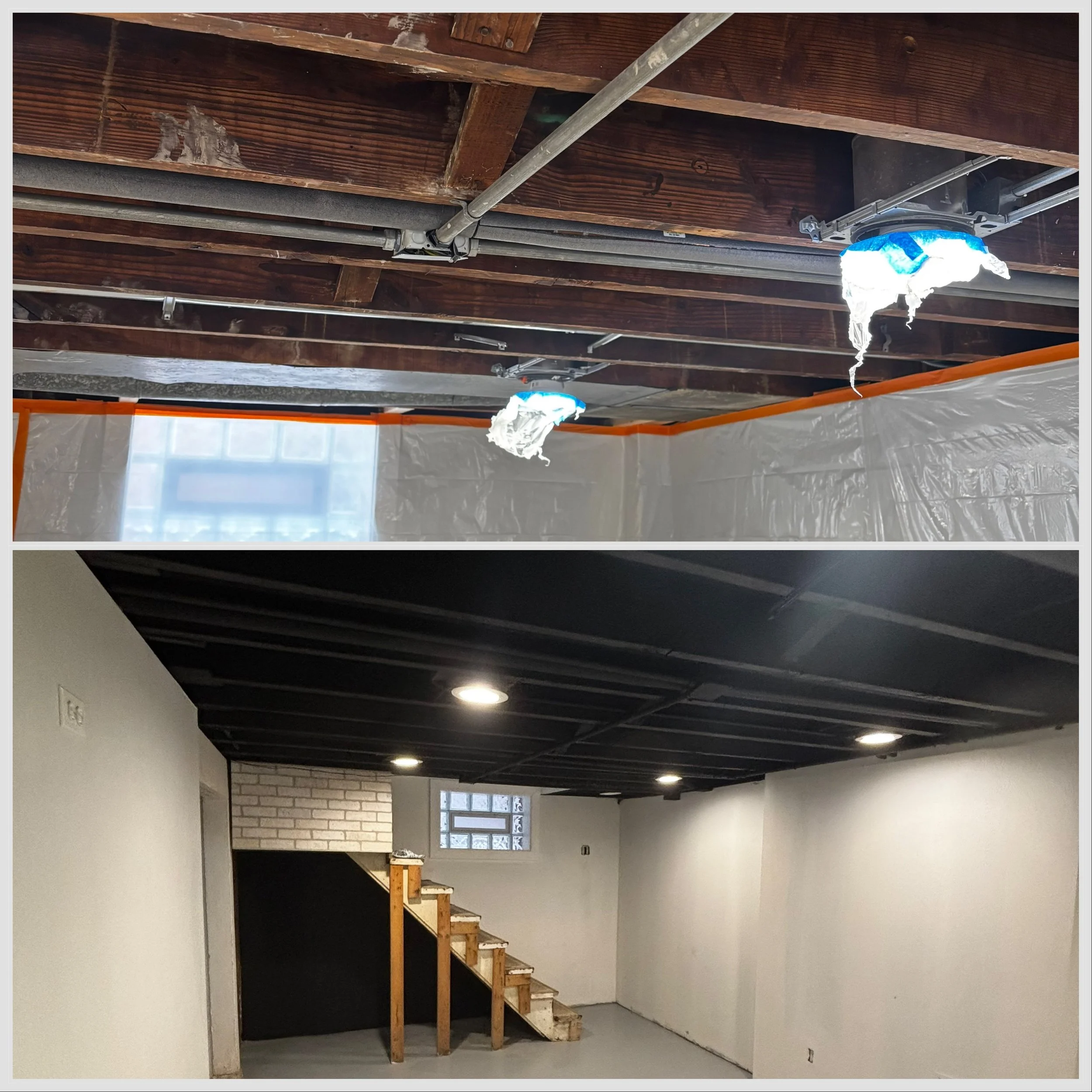 Interior ceiling rafter painting - before and after - Pat's Renovation Illinois