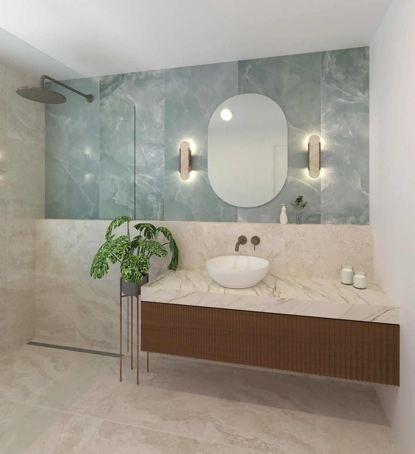 Tiling is underway at our little blue house project, and we can&rsquo;t wait to see these jade beauties from @architectural_surfaces come to life 🫶🏼

While we wait, here&rsquo;s a 3D visualisation of the main bathroom, with the ensuite set to match