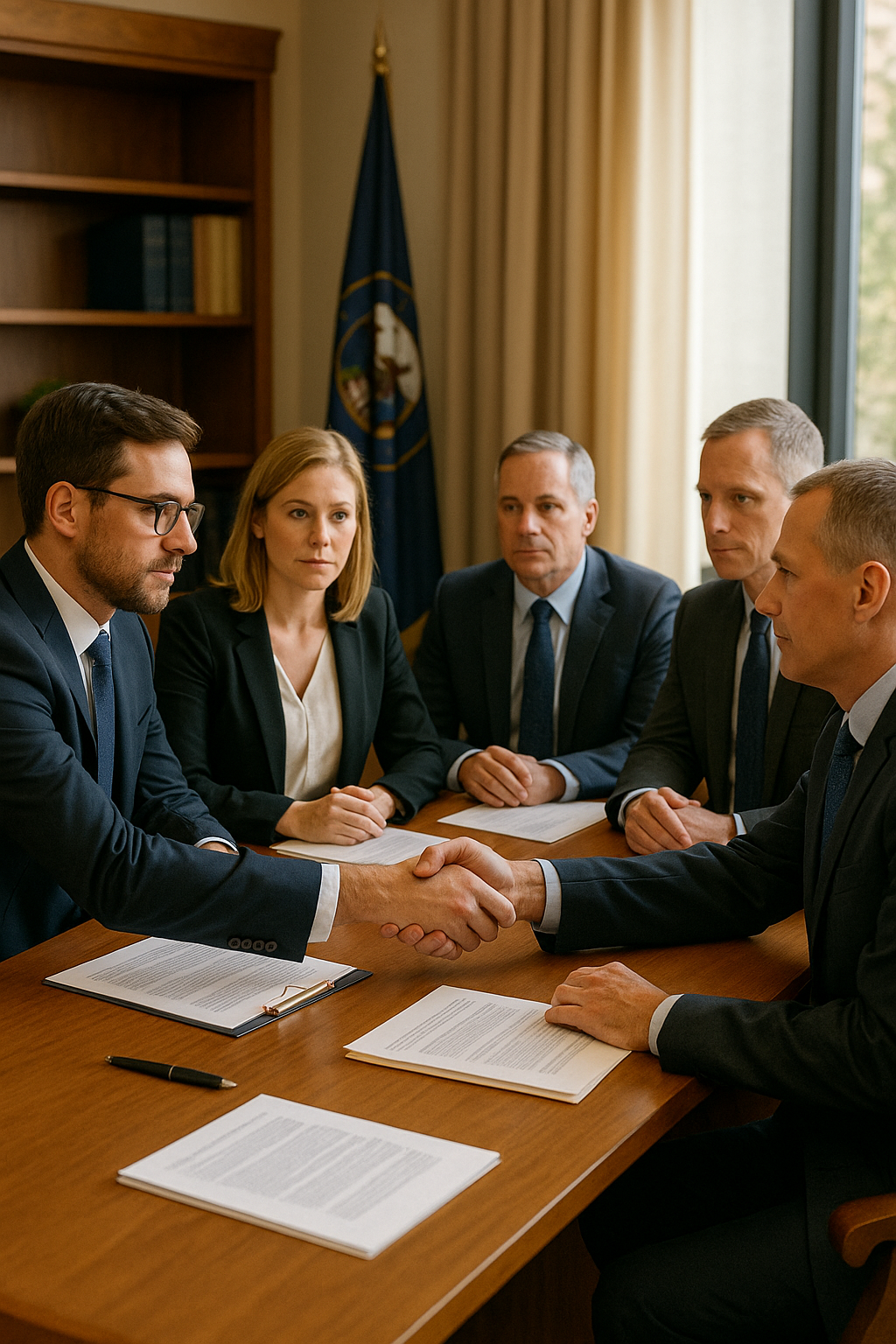 A group of five people in business attire sitting at a wooden conference table, with two people shaking hands in the foreground, documents, and pens on the table, in a formal office setting with a flag and window in the background.