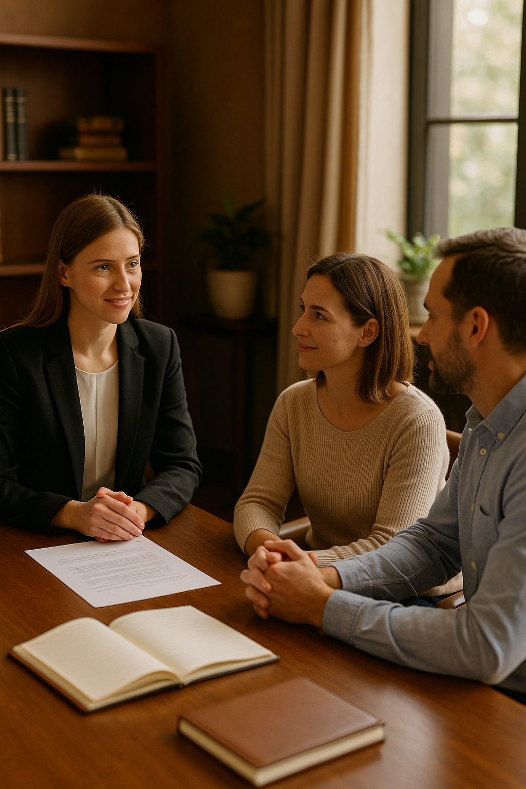 A woman in a black blazer is speaking to a couple seated at a wooden table, with documents and notebooks on the table, in a well-lit room with windows and plants.