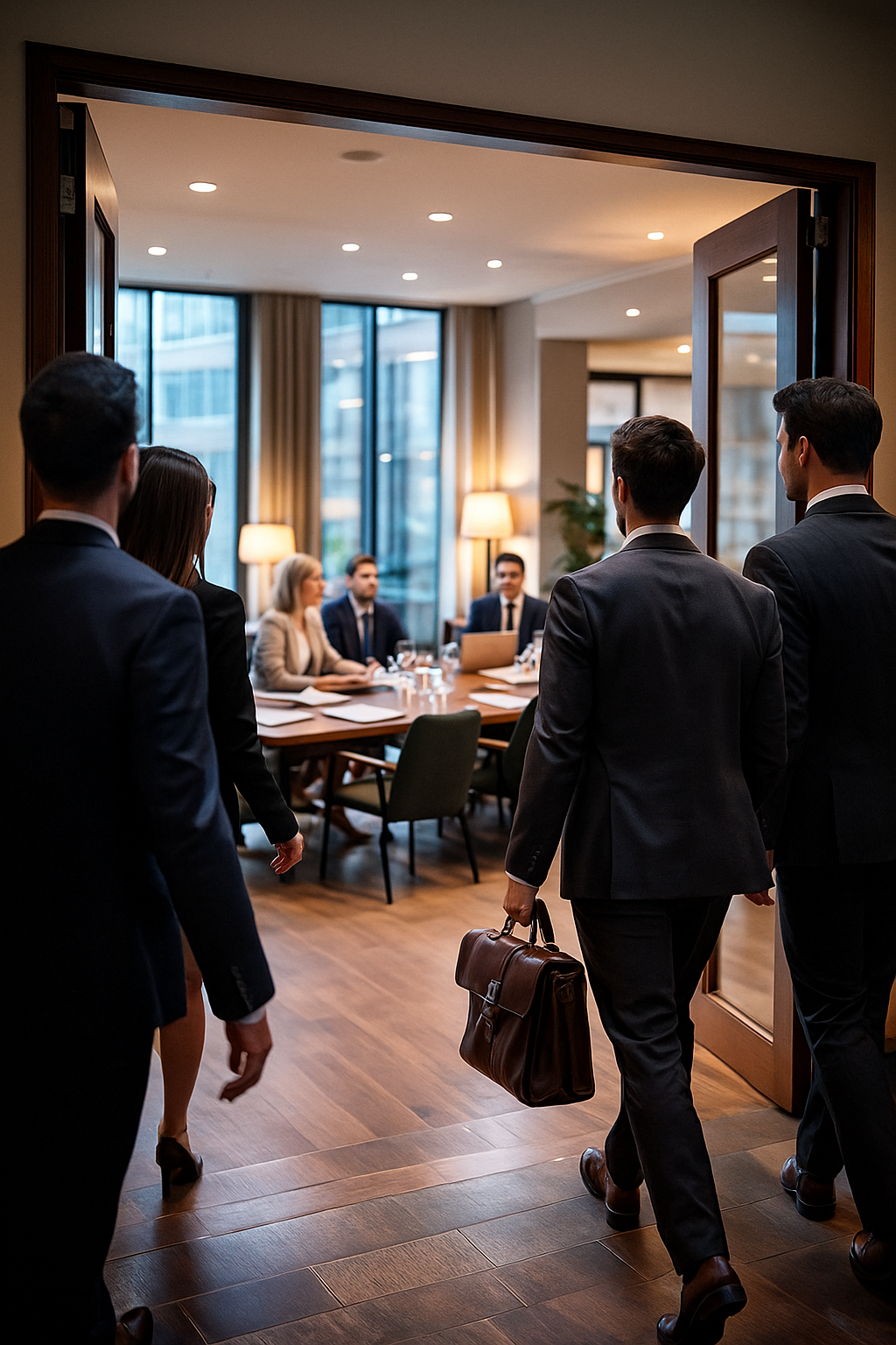 Business professionals walking into a conference room for a meeting.