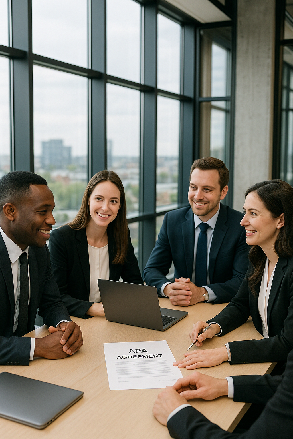 Business meeting with four professionally dressed people sitting around a table with an APA agreement paper, a laptop, and notebooks, smiling and engaging in conversation in a modern office with large windows.