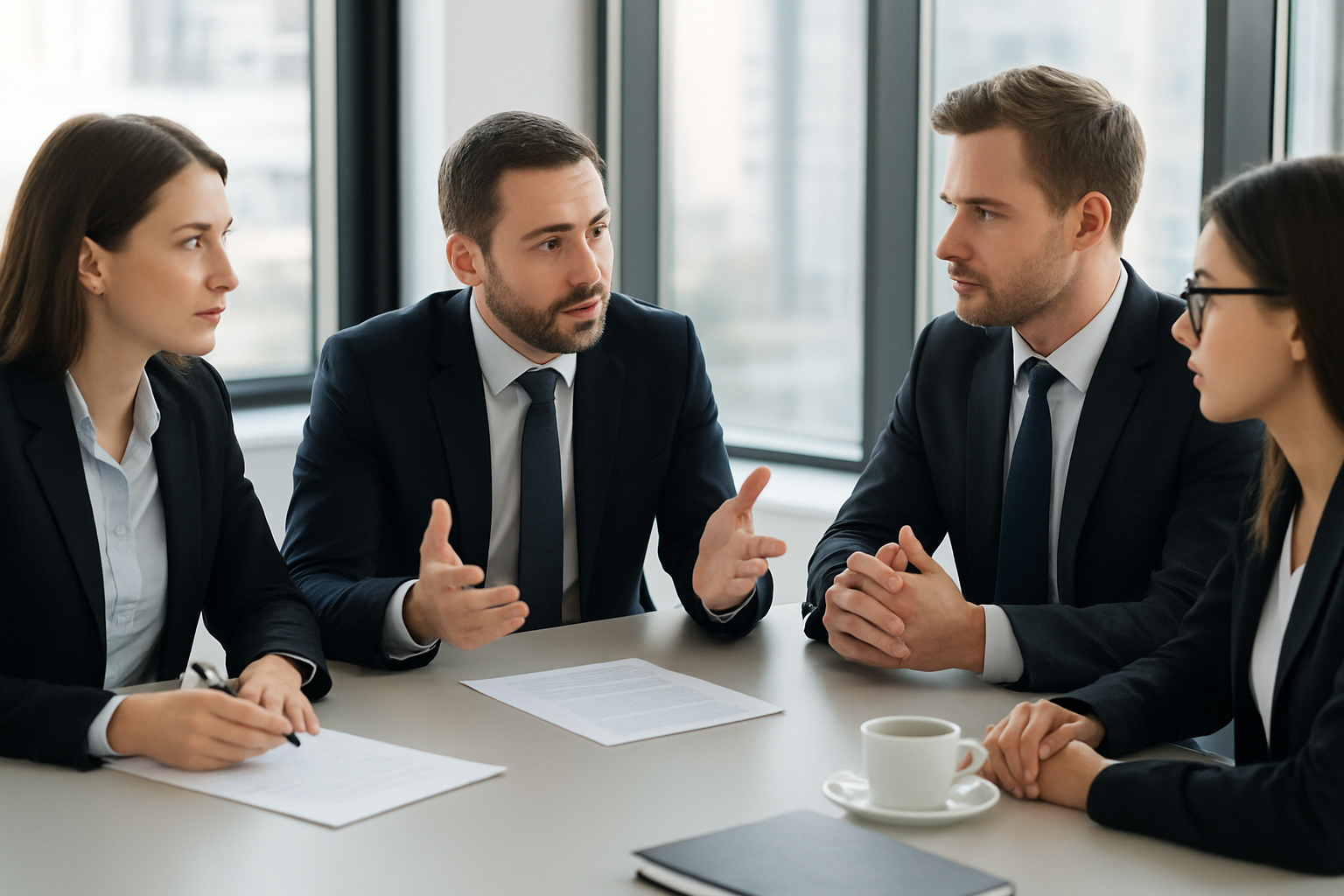 Five professionals in business attire having a serious discussion in a modern office conference room.