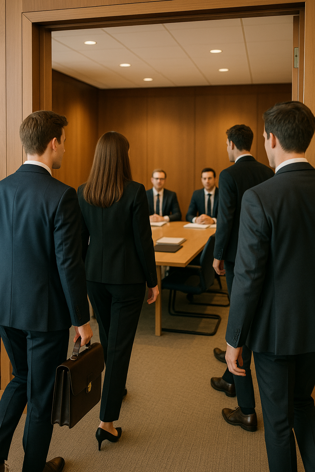 Business meeting with five professionally dressed individuals in a conference room, three men and one woman entering, two men seated at the table.