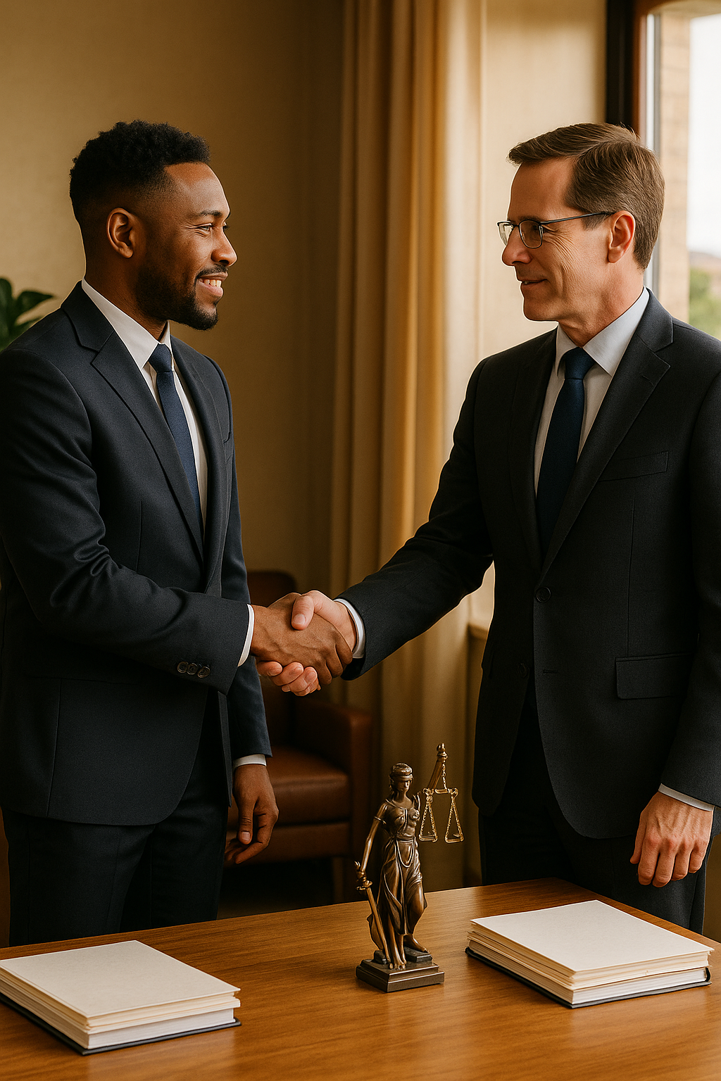 Two men in suits shaking hands in an office, with legal scales statue and stacks of paper on the desk.