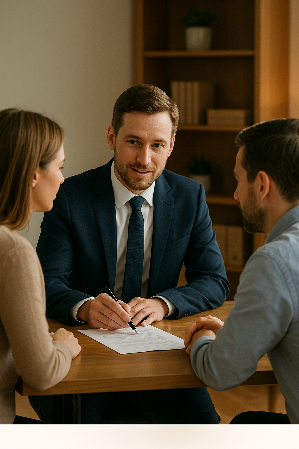A man in a business suit sitting at a table with a woman and a man, appearing to be in a professional meeting or interview, with a document and pen in front of him.