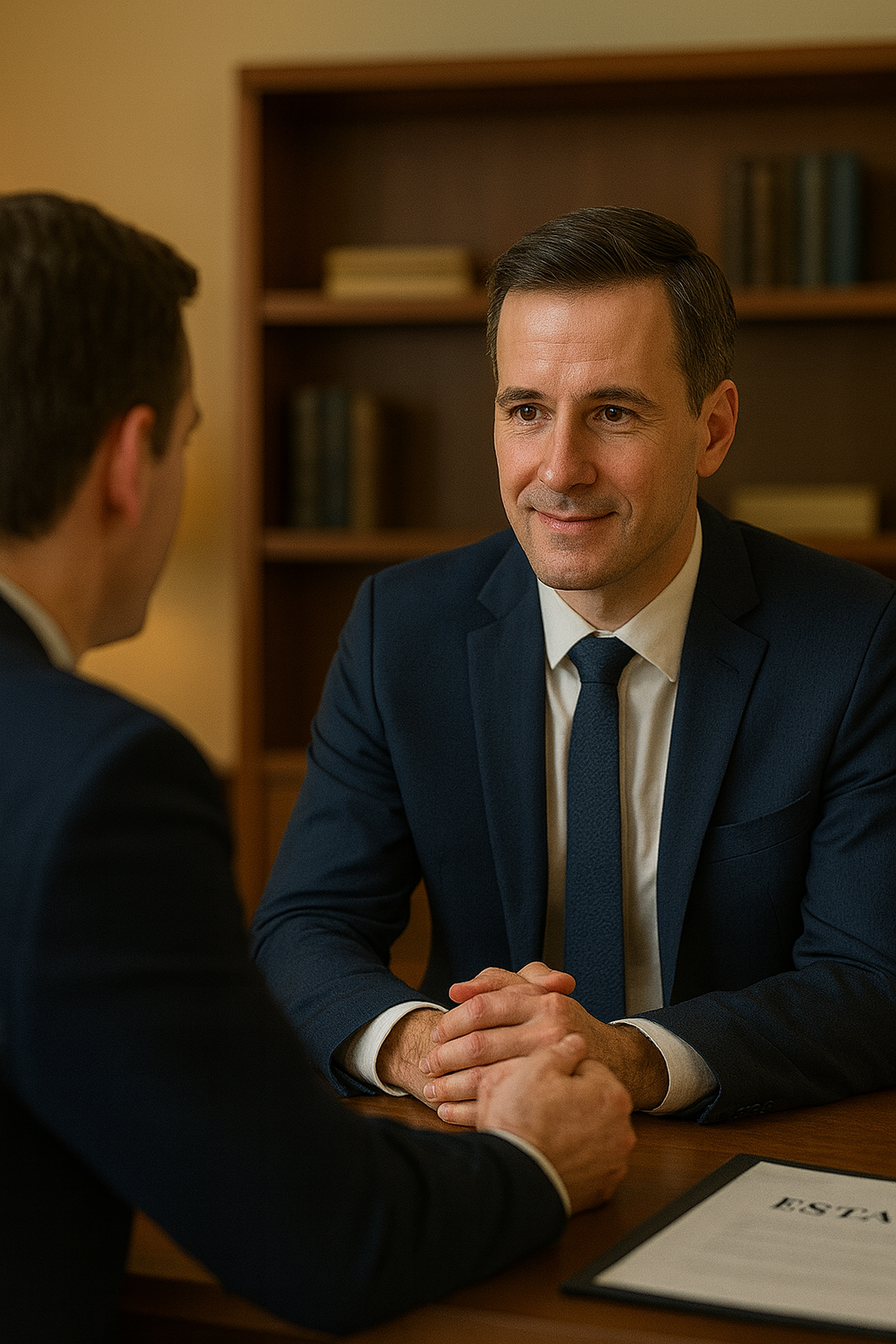 Two men in business suits having a handshake in an office setting with bookshelves in the background.
