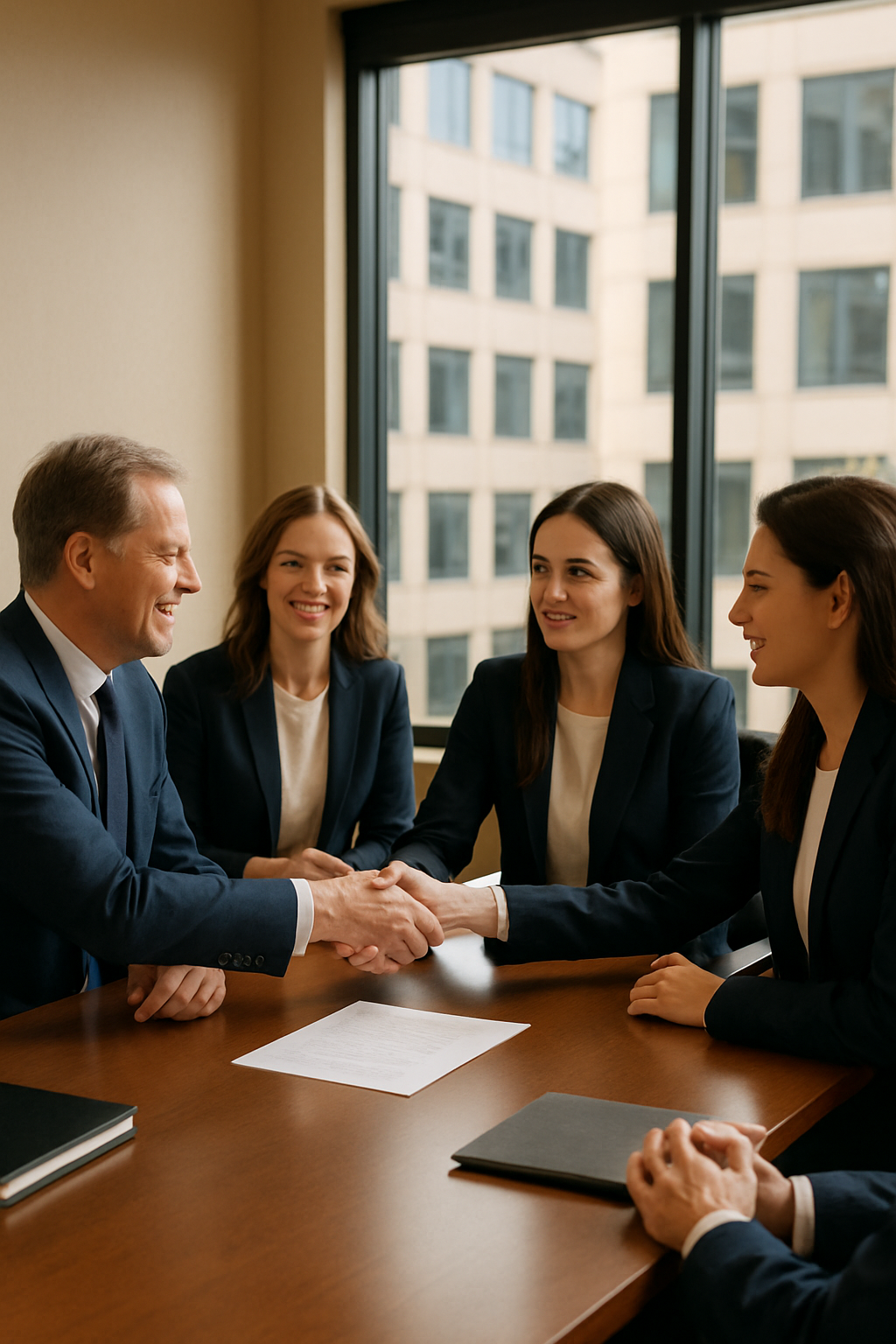 Business professionals shaking hands across a conference table during a meeting in office, with women smiling and sitting by window.