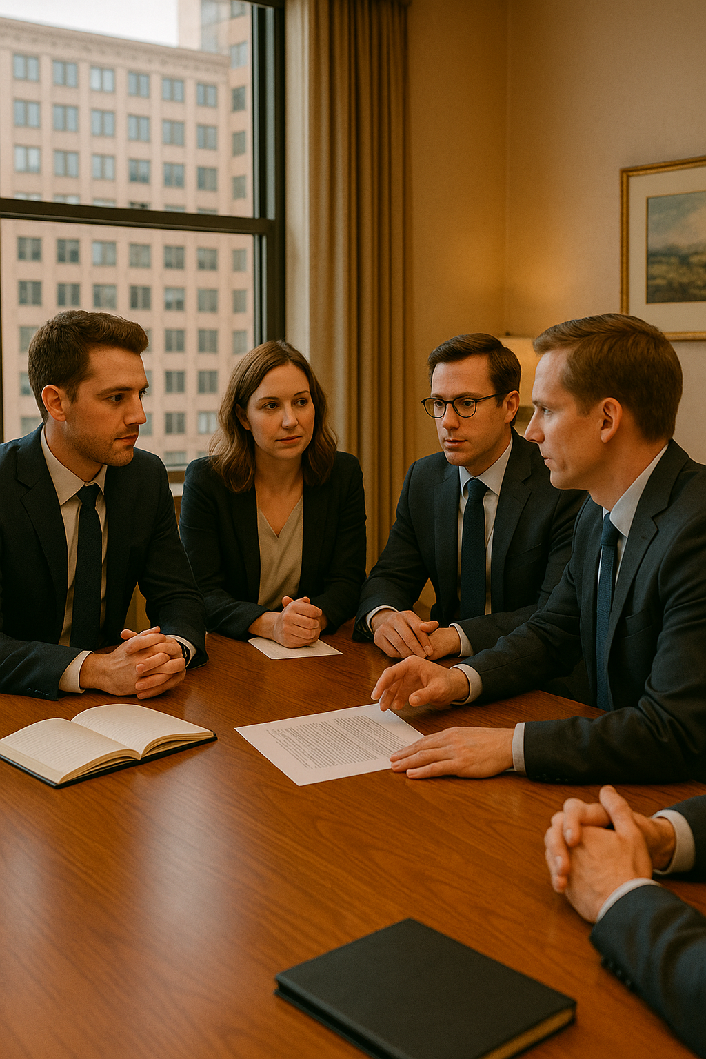 A group of five business professionals in formal suits sitting at a conference table during a meeting, with a large window showing a cityscape in the background.