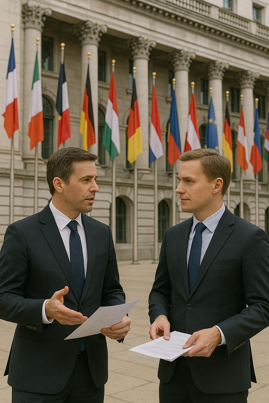 Two men in suits having a conversation outside a government building with a row of international flags in the background.