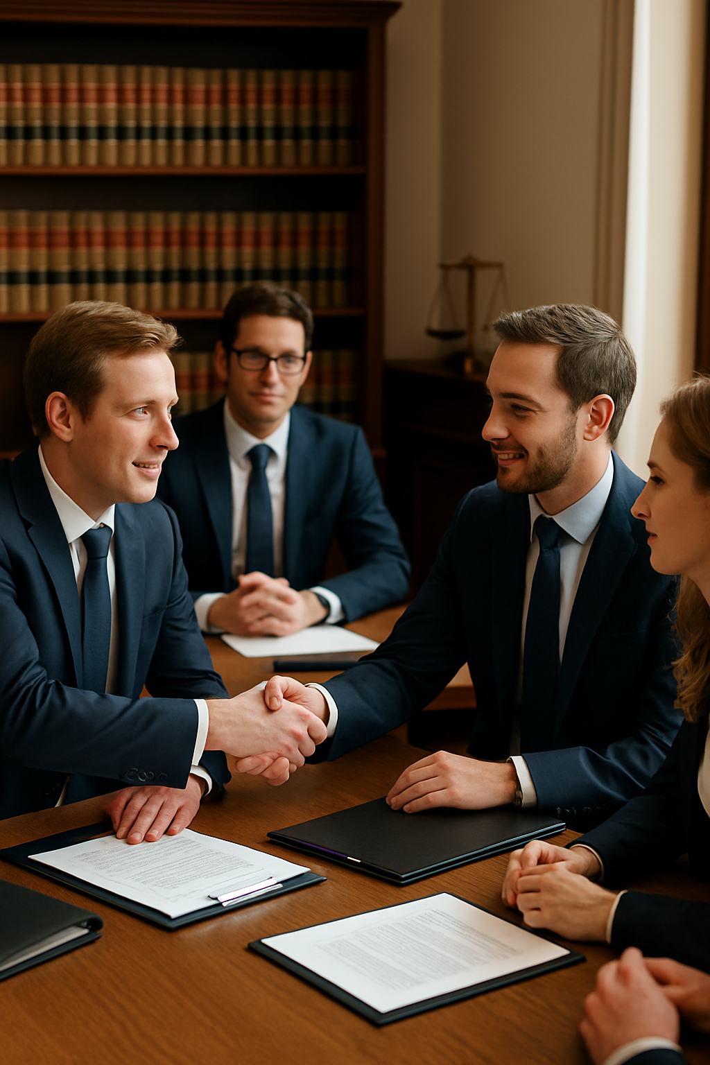 Two men in suits shaking hands across a conference table during a business meeting, with three other people observing in a room lined with legal books.