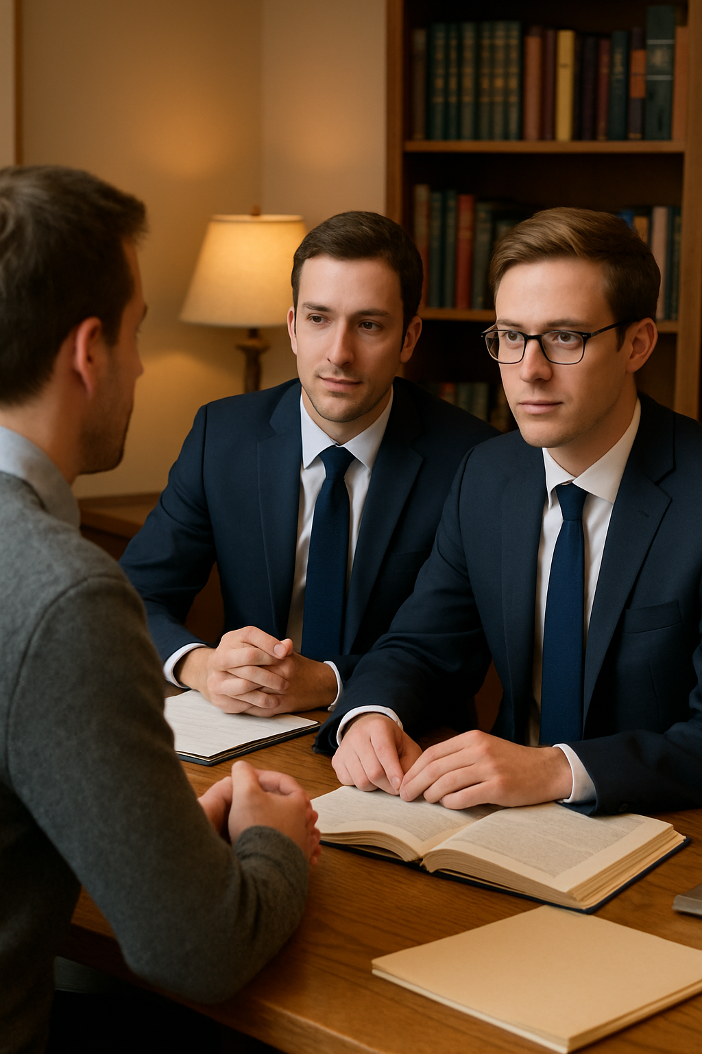 Two men in suits having a serious discussion with a third man in a gray jacket in a room with bookshelves and a lamp.