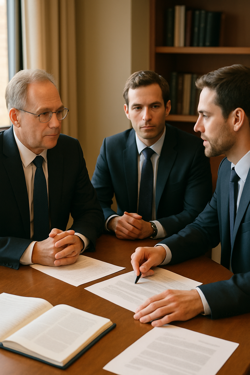 Three men in business suits sitting at a table during a meeting, with documents and a book open on the table.
