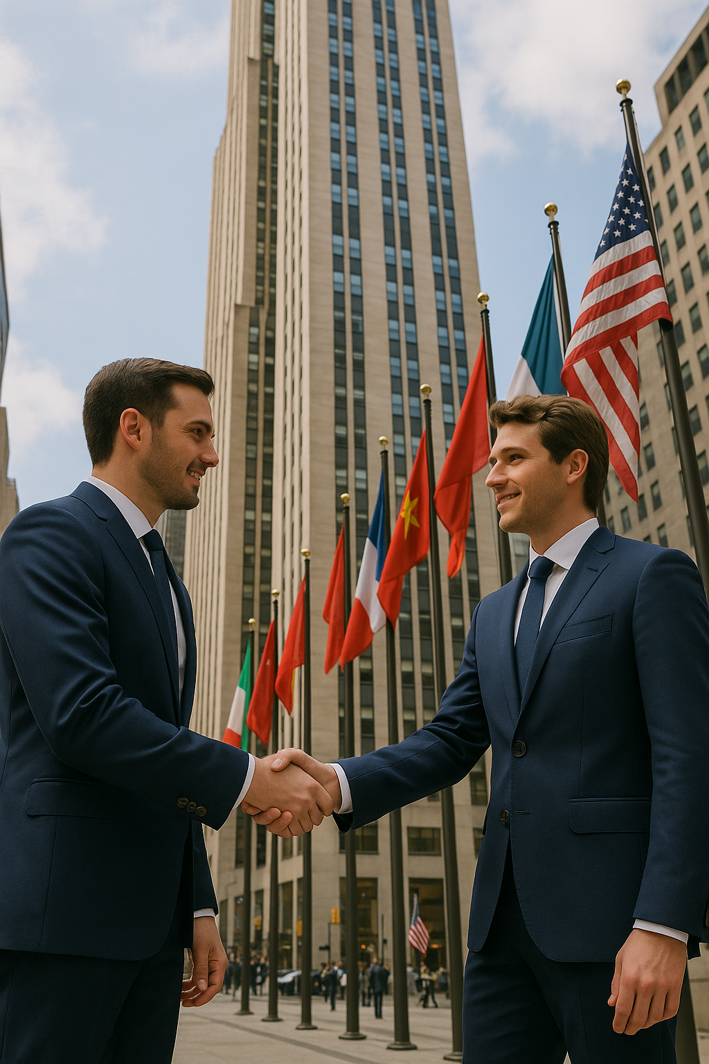 Two men in suits shaking hands in front of a tall building and a row of international flags.
