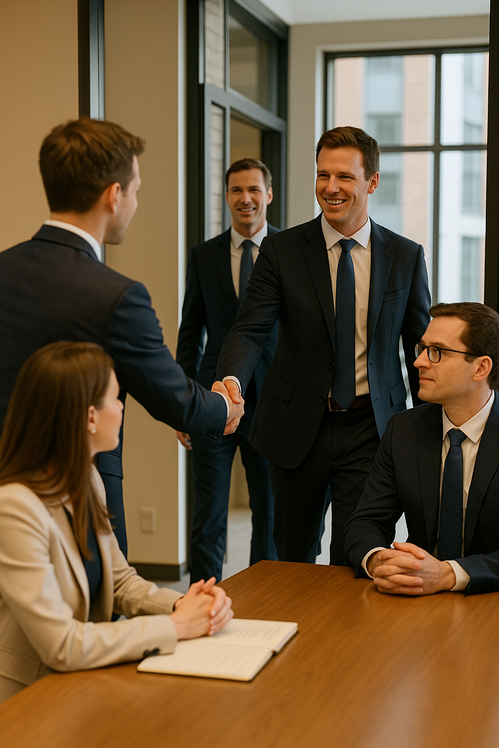 Business professionals greeting and meeting in a modern office conference room.