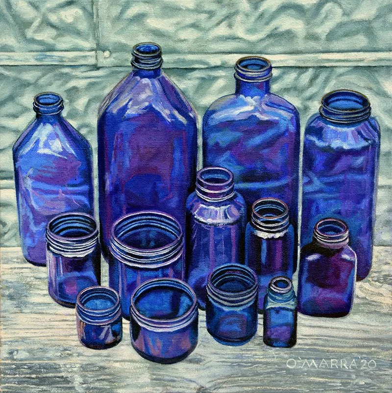  'Blue Bottles Still Life', oil on canvas, 16" x 16", 2020 (SOLD)