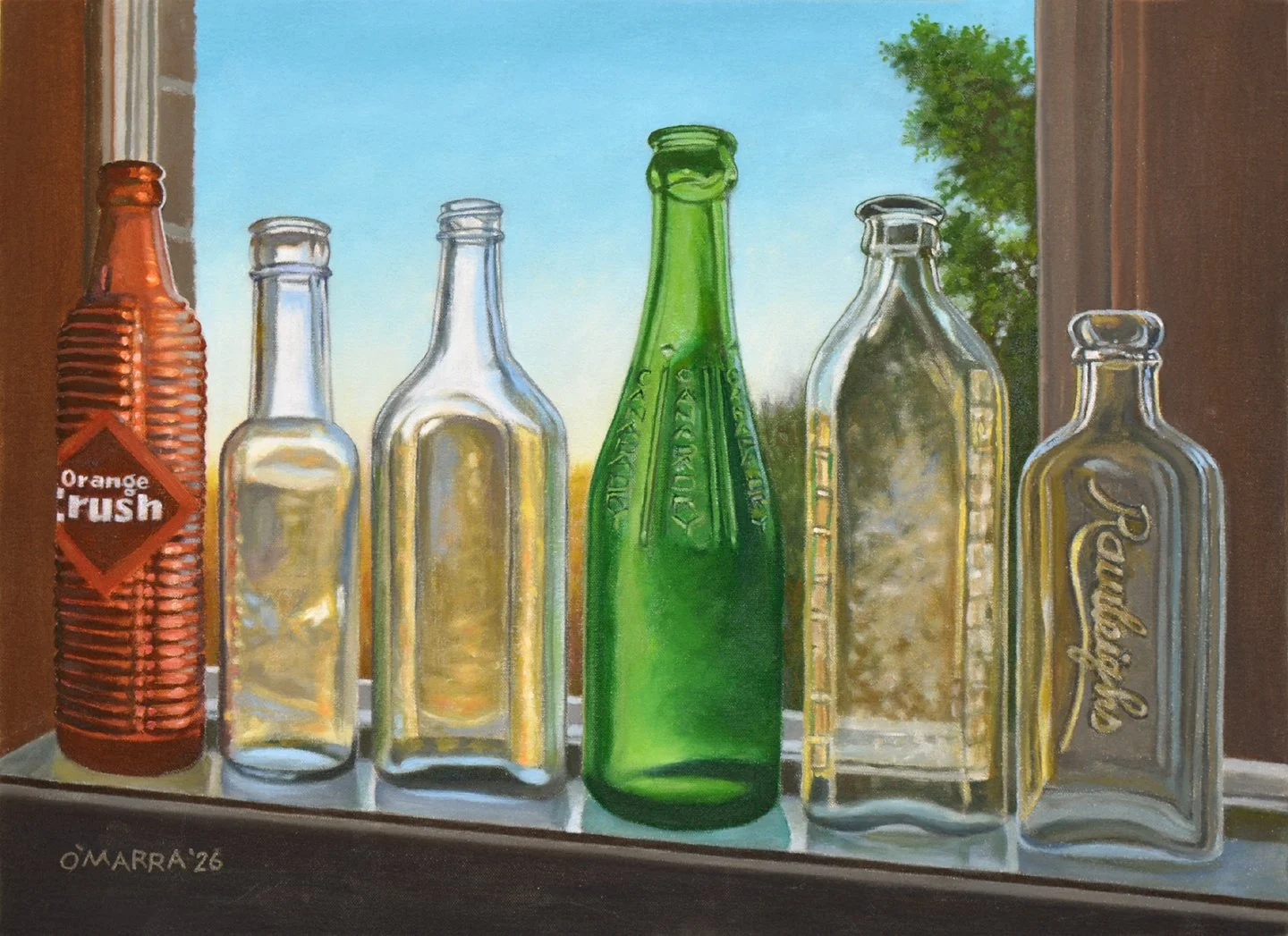  'Antique Bottles--Morning Light', oil on canvas, 16" x 22", 2026 (Contact me about pricing.)