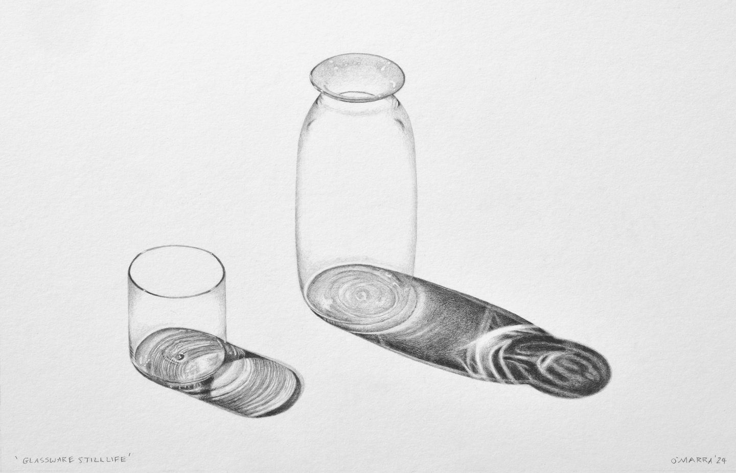 Glassware Still Life​, graphite pencil on paper board,
12" x 18"
 (Contact me about pricing)