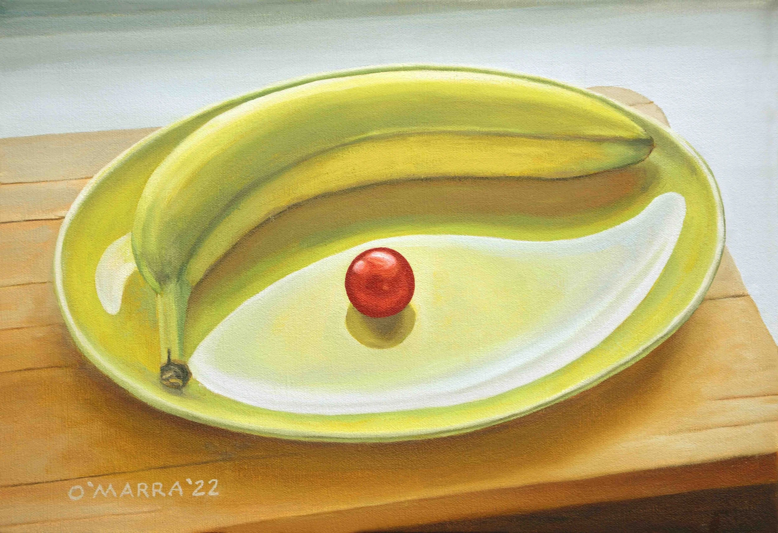 Banana and Cherry Tomato Still Life, oil on canvas, 12.5" x 18"
(Contact me about pricing)