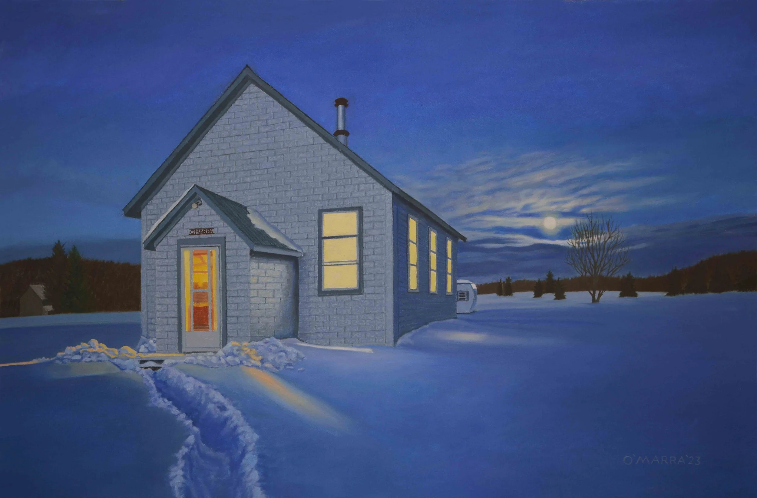 Schoolhouse and Winter Moon, oil on canvas, 25" x 38"​ 
(Contact me about pricing)