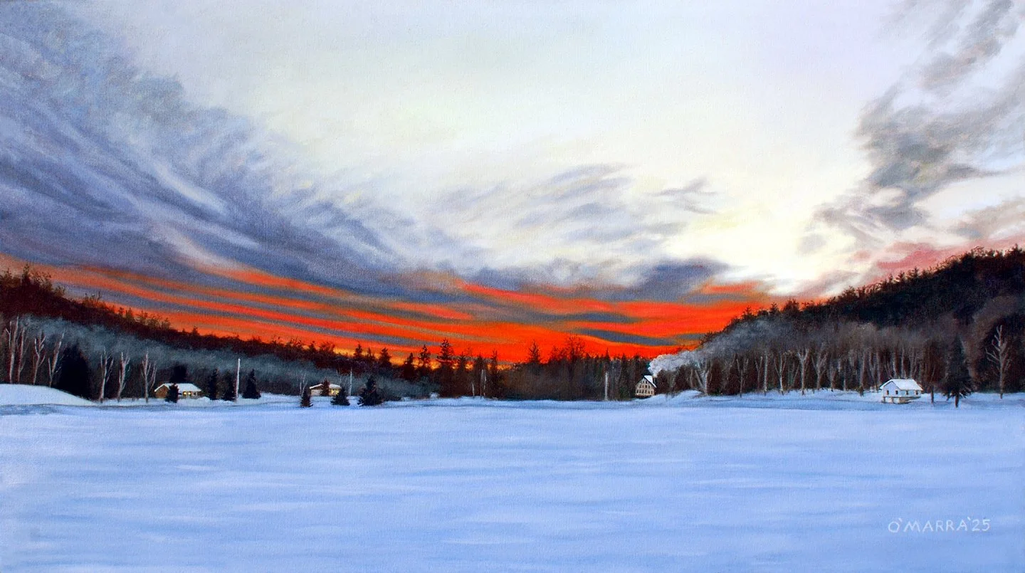  'Winter Sunset--South Boundary Lake', oil on canvas, 20" x 36", 2025 (Contact me about pricing.)