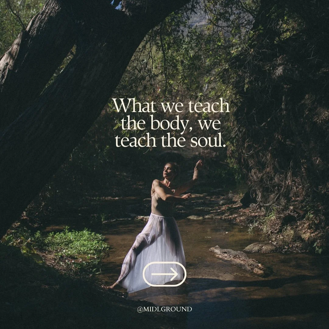 MIDLGROUND is not a space of abandoning structure or ecstatic dance with no direction. The practice I share is built on body mechanics, the natural state of the body, and attunement to soul. Because true freedom of movement is only possible when the 