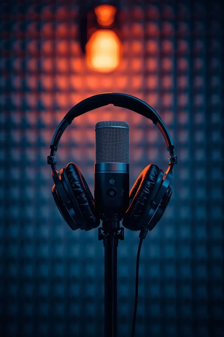 A professional microphone with headphones on a stand in a recording studio