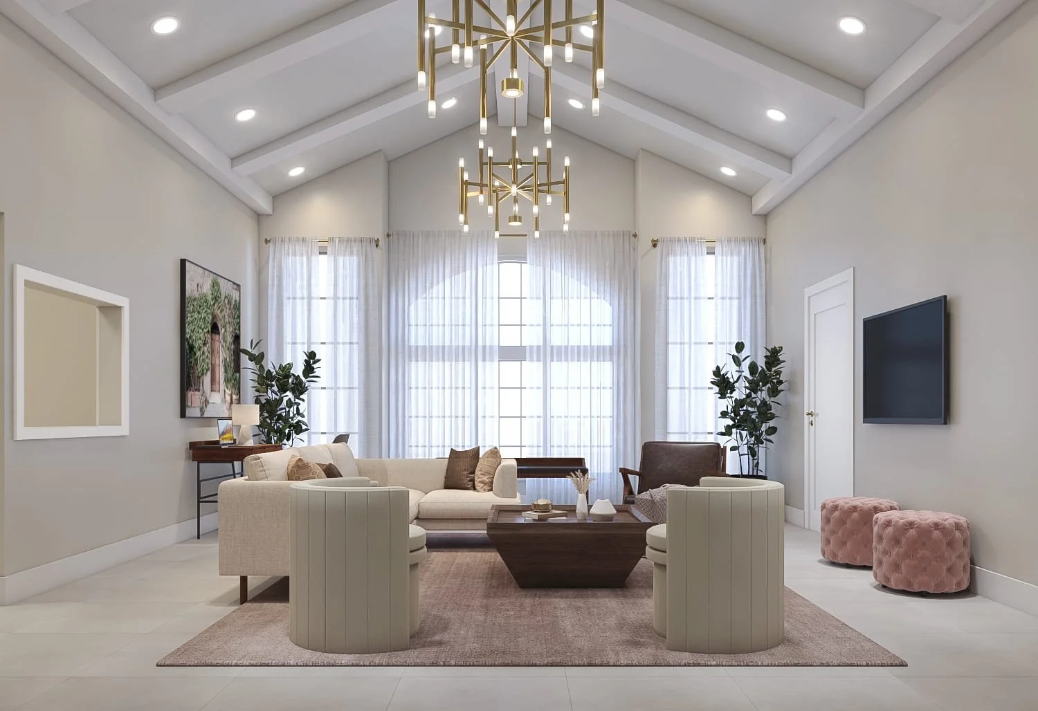 Living room with high ceiling, large windows with sheer curtains, modern chandelier, beige sofa, two pink tufted ottomans, two white armchairs, dark wood coffee table, wall-mounted flat-screen TV, potted plants, and framed artwork.