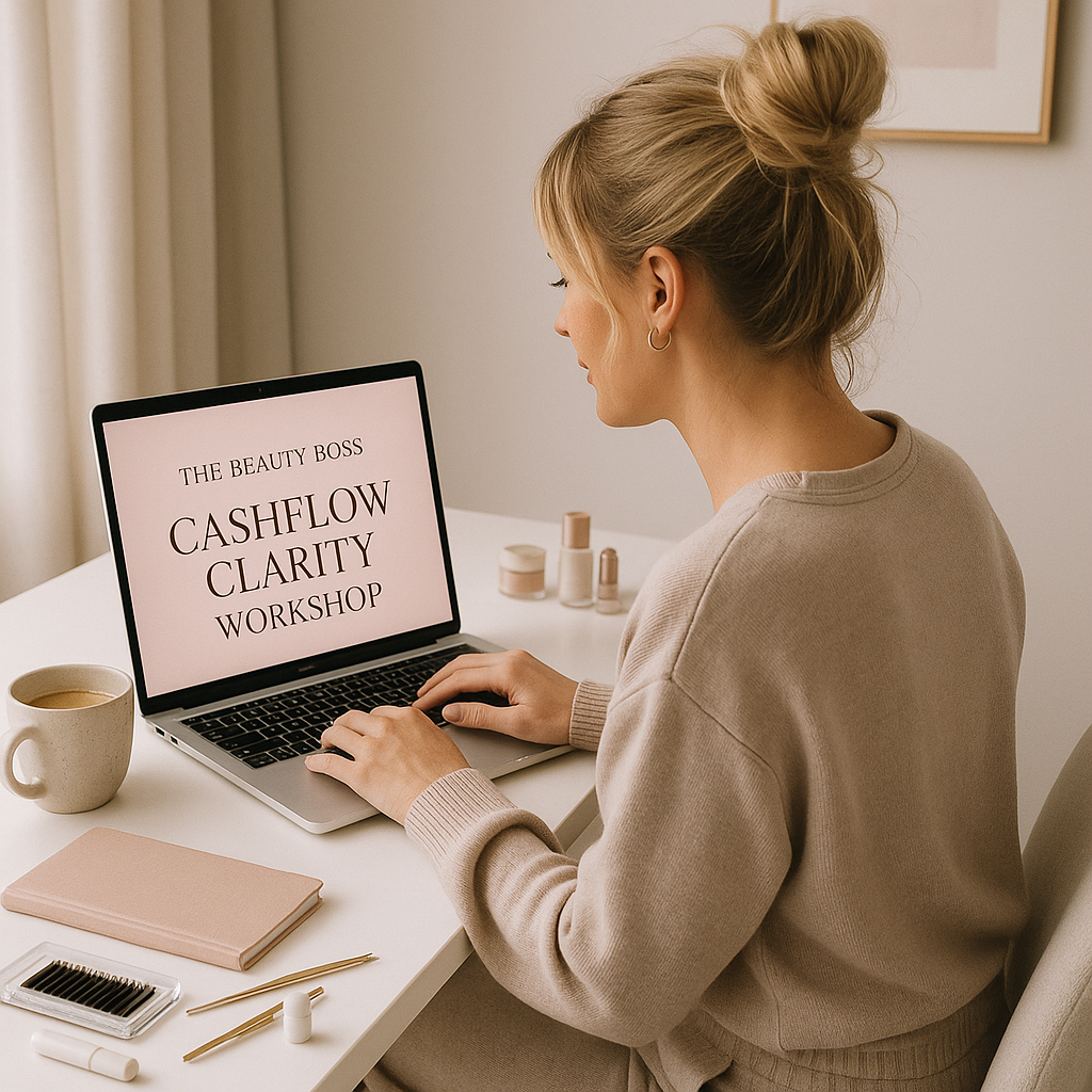 A woman with blonde hair tied in a bun working on a laptop at a white desk. The laptop screen reads 'The Beauty Boss Cashflow Clarity Workshop'. The desk has a beige coffee mug, a closed pink notebook, and some beauty cosmetic bottles and tools.