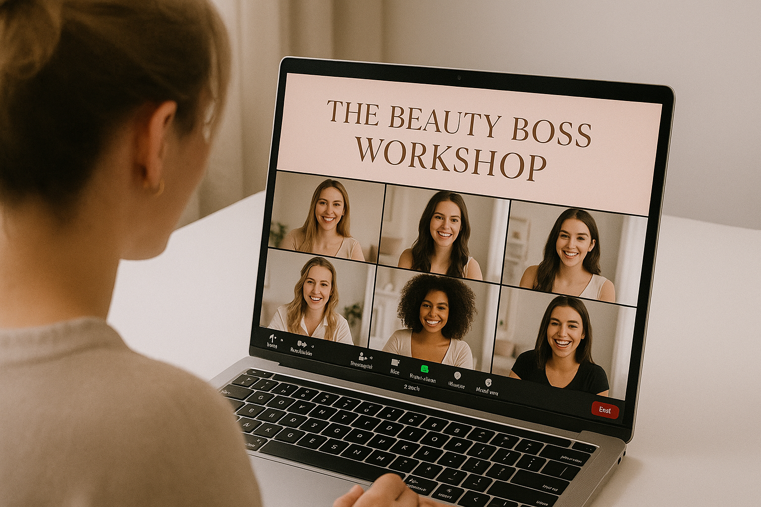 A woman participating in a virtual beauty workshop called 'The Beauty Boss Workshop' on her laptop, with six smiling women in a video call.