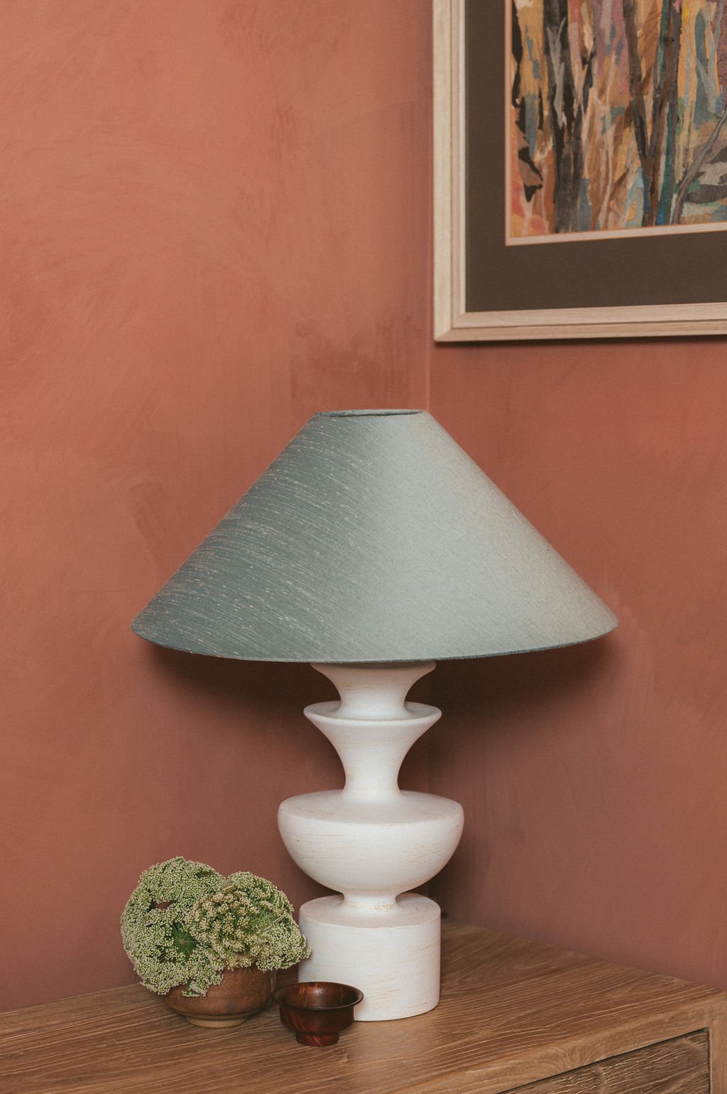 White bedside lamp with silk shade