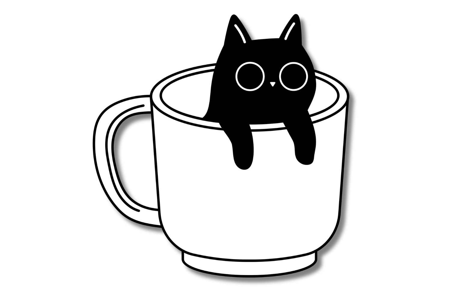 A black and white illustration of a cute animal, possibly a rabbit, with large round eyes and long ears, sitting inside a large coffee mug.