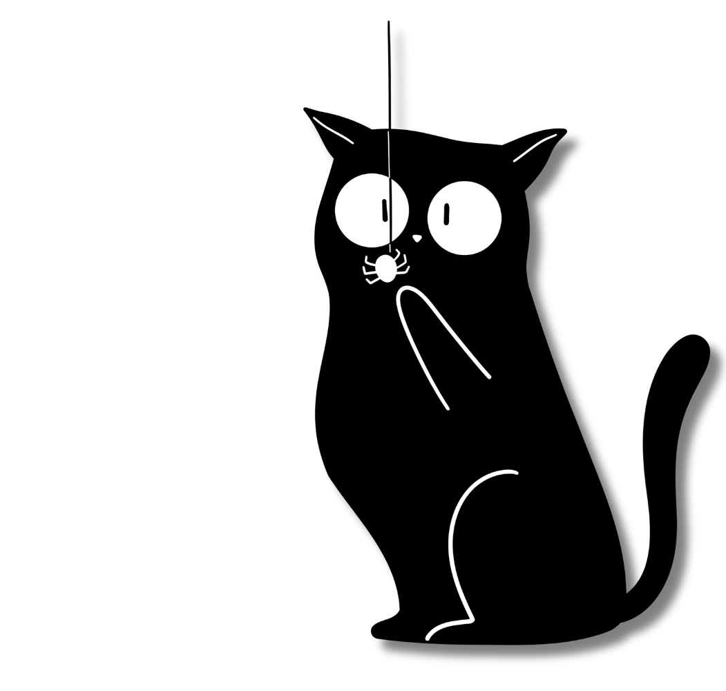 A black and white cartoon of a cat with large, wide eyes and a surprised expression, with a finger pointing at it.